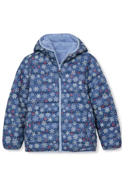 Lands' End Kids'  Girls Featherfree Reversible Hooded Jacket In Snowflake/sky Blue