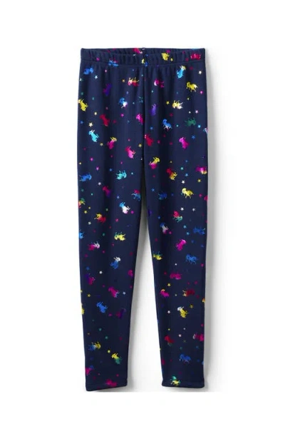 Lands' End Girls Fleece Lined Leggings In Navy Rainbow Unicorns
