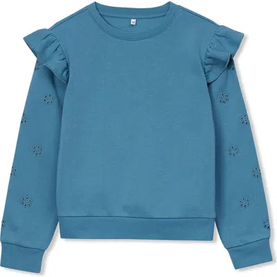 Lands' End Kids'  Girls Long Sleeve Cozy Fleece Ruffle Eyelet Sweatshirt In Blue