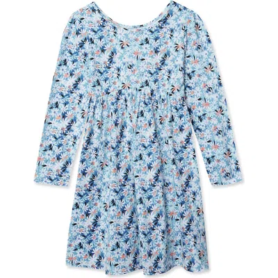 Lands' End Kids'  Girls Long Sleeve Gathered Waist Jersey Dress In Blue