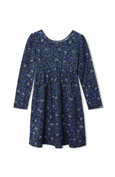 Lands' End Kids'  Girls Long Sleeve Gathered Waist Jersey Dress In Blue