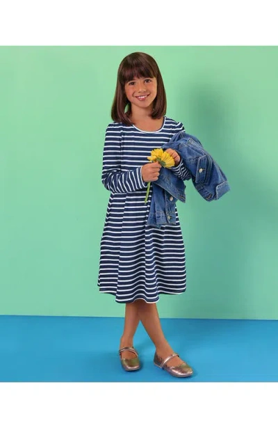 Lands' End Kids'  Girls Long Sleeve Gathered Waist Jersey Dress In Blue