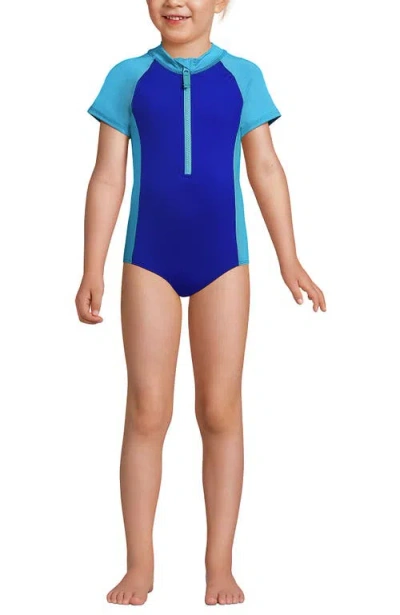 Lands' End Kids'  Girls Long Sleeve Half Zip One Piece Upf 50 Swimsuit In Blue