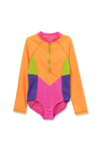 Lands' End Kids'  Girls Long Sleeve Half Zip One Piece Upf 50 Swimsuit In Multi