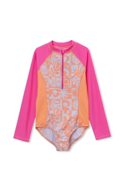 Lands' End Kids'  Girls Long Sleeve Half Zip One Piece Upf 50 Swimsuit In Pink