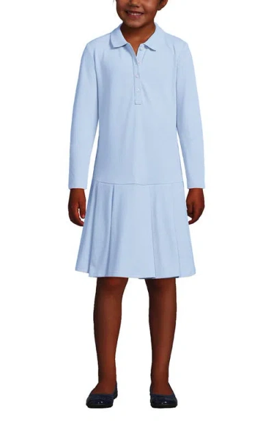 Lands' End Kids'  Girls Long Sleeve Mesh Pleated Polo Dress In Blue