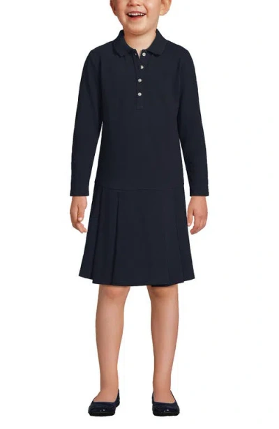 Lands' End Kids'  Girls Long Sleeve Mesh Pleated Polo Dress In Classic Navy