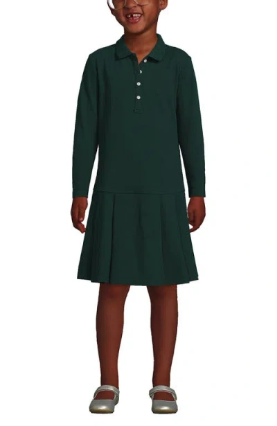 Lands' End Kids'  Girls Long Sleeve Mesh Pleated Polo Dress In Evergreen