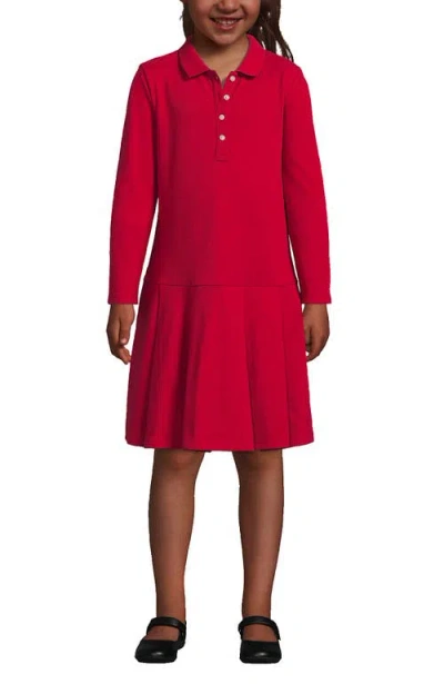 Lands' End Kids'  Girls Long Sleeve Mesh Pleated Polo Dress In Red