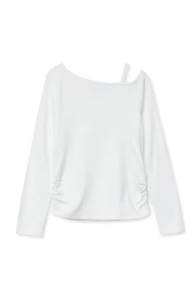 Lands' End Kids'  Girls Long Sleeve One Shoulder Rib Knit Top In Egret