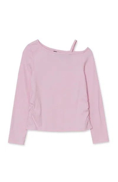Lands' End Kids'  Girls Long Sleeve One Shoulder Rib Knit Top In Pink Tulle