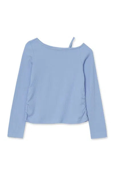 Lands' End Kids'  Girls Long Sleeve One Shoulder Rib Knit Top In Sky Blue
