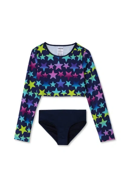 Lands' End Kids'  Girls Long Sleeve Top Bikini Set Swimsuit In Deep Sea Navy Stars
