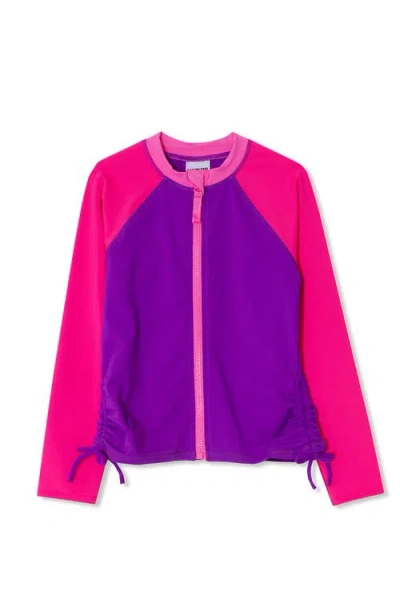 Lands' End Kids'  Girls Long Sleeve Zip Front Upf 50 Rash Guard In Neon Purple/pink