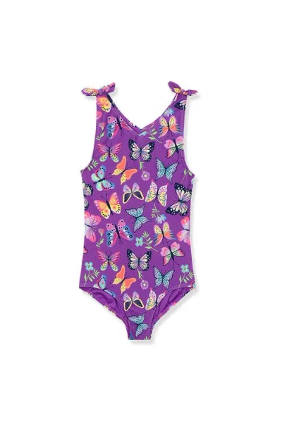 Lands' End Babies'  Girls Plus Sequin Graphic Upf 50 Tugless One Piece In Violet Butterflies
