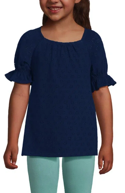 Lands' End Kids'  Girls Plus Short Sleeve Eyelet Ruffle Sleeve Top In Blue
