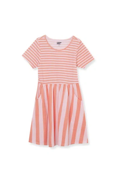 Lands' End Kids'  Girls Short Sleeve Gathered Waist Jersey Dress In Peach Stripe