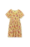 Lands' End Kids'  Girls Short Sleeve Gathered Waist Jersey Dress In Simply Yellow Climbing Floral
