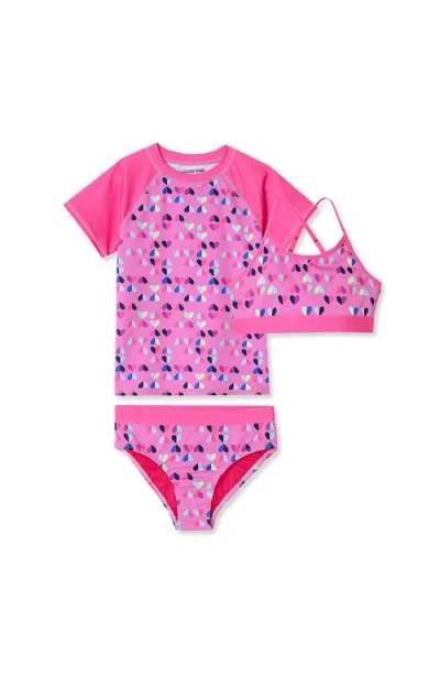 Lands' End Kids'  Girls Slim Chlorine Resistant Short Sleeve Rash Guard Swim Top And Bikini Set In Bright Pink/pink Hearts