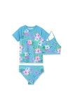 Lands' End Kids'  Girls Slim Chlorine Resistant Short Sleeve Rash Guard Swim Top And Bikini Set In Turquoise Flowers