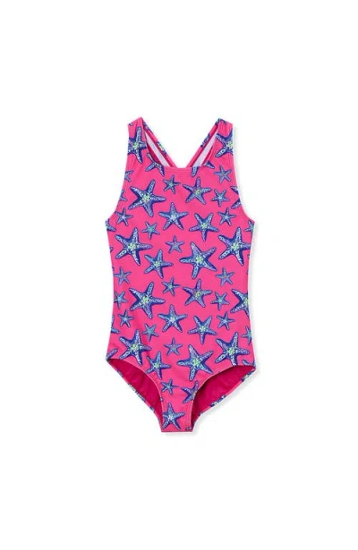 Lands' End Kids'  Girls Slim One Piece Swimsuit In Pink Starfish