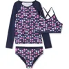 Lands' End Kids'  Girls Slim Rash Guard Swim Top Bikini Top And Bottoms Upf 50 Swimsuit Set In Navy Hearts