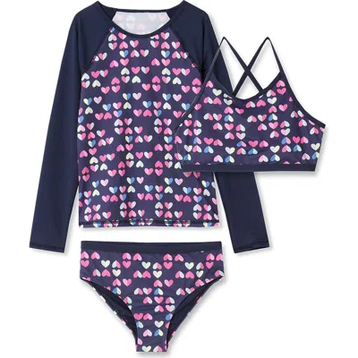 Lands' End Kids'  Girls Slim Rash Guard Swim Top Bikini Top And Bottoms Upf 50 Swimsuit Set In Navy Hearts