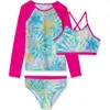 Lands' End Kids'  Girls Slim Rash Guard Swim Top Bikini Top And Bottoms Upf 50 Swimsuit Set In Neon Fuchsia/tie Dye