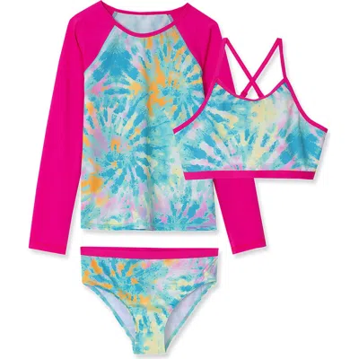 Lands' End Kids'  Girls Slim Rash Guard Swim Top Bikini Top And Bottoms Upf 50 Swimsuit Set In Neon Fuchsia/tie Dye
