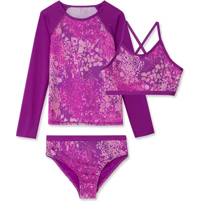 Lands' End Kids'  Girls Slim Rash Guard Swim Top Bikini Top And Bottoms Upf 50 Swimsuit Set In Neon Purple Sequin Print