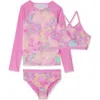 Lands' End Kids'  Girls Slim Rash Guard Swim Top Bikini Top And Bottoms Upf 50 Swimsuit Set In Pink Marble