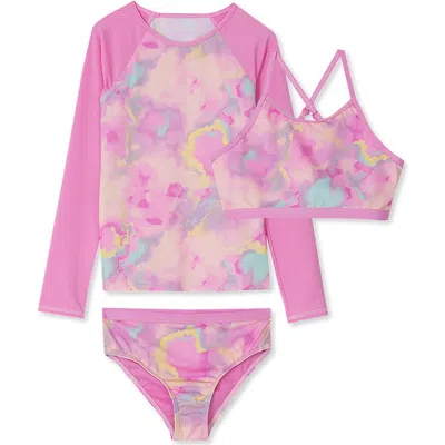 Lands' End Kids'  Girls Slim Rash Guard Swim Top Bikini Top And Bottoms Upf 50 Swimsuit Set In Pink Marble