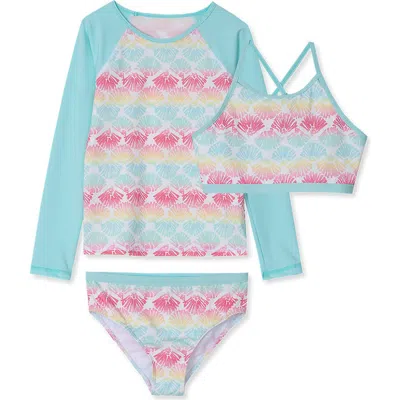 Lands' End Kids'  Girls Slim Rash Guard Swim Top Bikini Top And Bottoms Upf 50 Swimsuit Set In Water Blue/pastel Shells