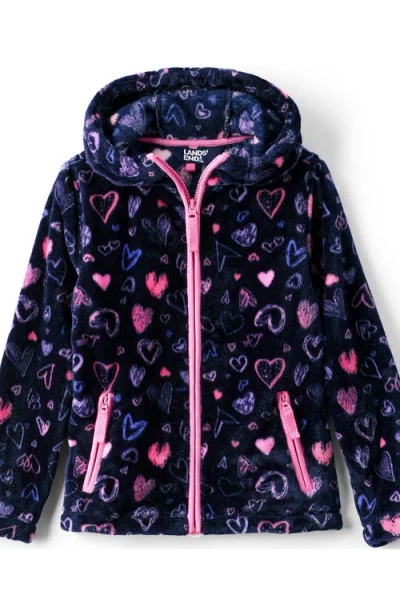 Lands' End Kids'  Girls Softest Fleece Jacket In Deep Sea Navy Multi Hearts