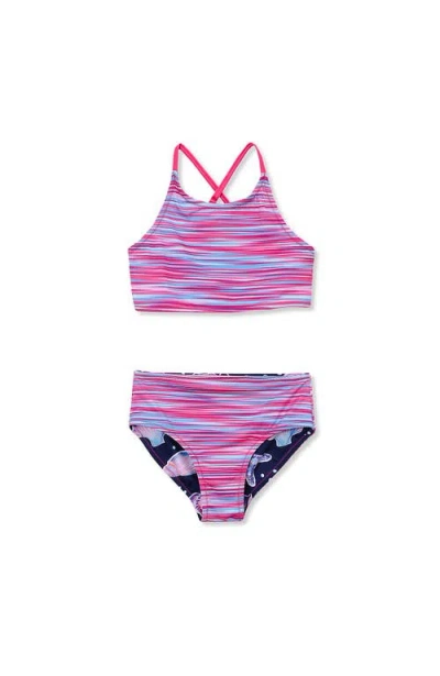 Lands' End Kids'  Girls Wrap Front Bikini Swimsuit Set In Blurred Purple/navy Shellfish