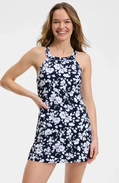Lands' End High Neck Swim Dress Swimsuit In Blue