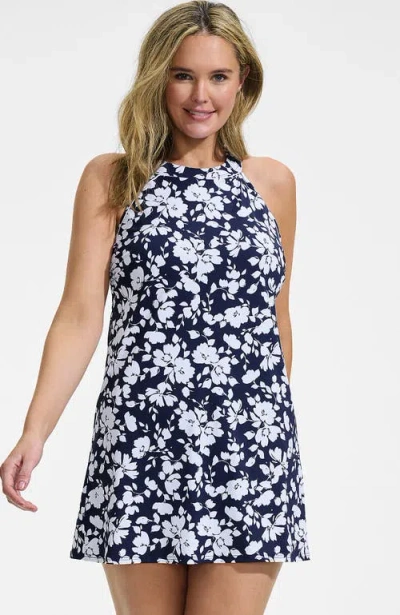 Lands' End High Neck Swim Dress Swimsuit In Blue