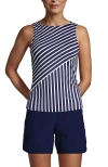Lands' End High Neck Upf 50 Modest Tankini Top Swimsuit In Deep Sea Mixed Diagonal Stripe