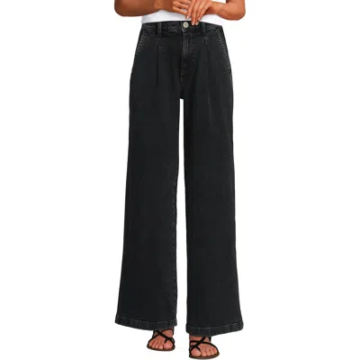 Lands' End High Rise Soft Denim Pleated Wide Leg Trousers In Black Wash