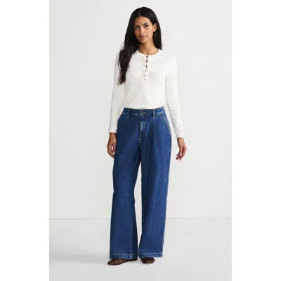 Lands' End High Rise Soft Denim Pleated Wide Leg Trousers In Indigo Tide Blue