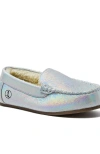 Lands' End Kids Fuzzy Lined Shimmer Moccasin Slippers In Silver Shimmer Multi