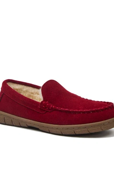 Lands' End Kids Fuzzy Lined Suede Moccasin Slippers In Red