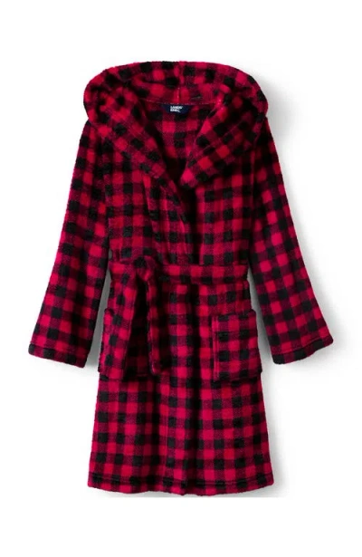 Lands' End Kids Hooded Fleece Solid Robe In Red Buffalo Plaid