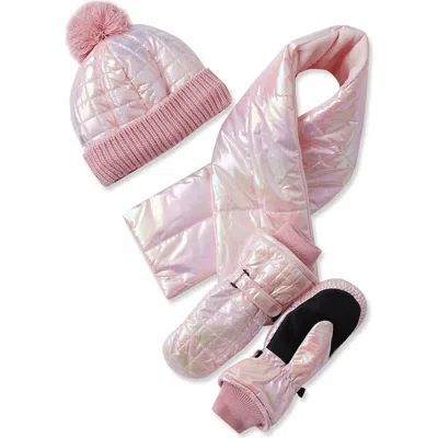 Lands' End Kids Iridescent Hat-scarf-glove 3 Piece Set In Pink