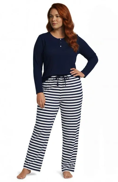 Lands' End Knit 2 Piece Pajama Set In Deep Sea Navy Even Stripe