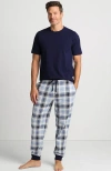Lands' End Knit Jersey Pajama Sleep Set In Pale Slate Blue/ivory Plaid