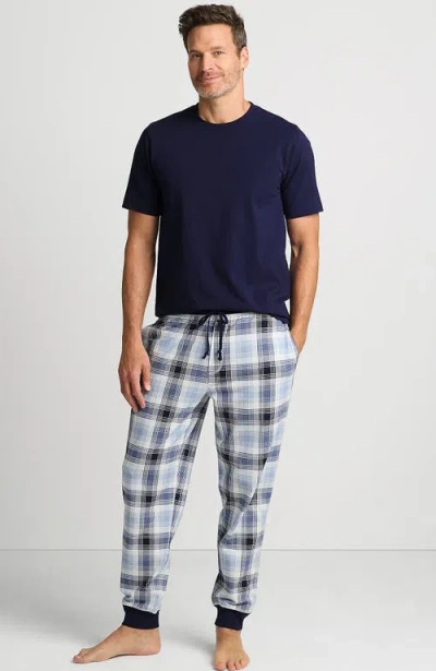 Lands' End Knit Jersey Pajama Sleep Set In Pale Slate Blue/ivory Plaid