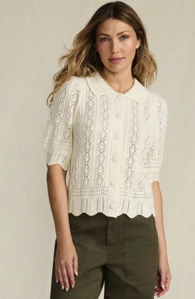 Lands' End Lace Pointelle Puff Sleeve Cardigan Sweater In White