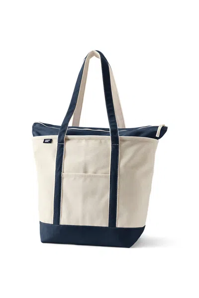 Lands' End Large 5 Pocket Zip Top Long Handle Canvas Tote Bag In Blue