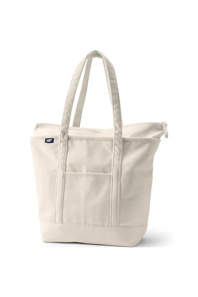 Lands' End Large 5 Pocket Zip Top Long Handle Canvas Tote Bag In White
